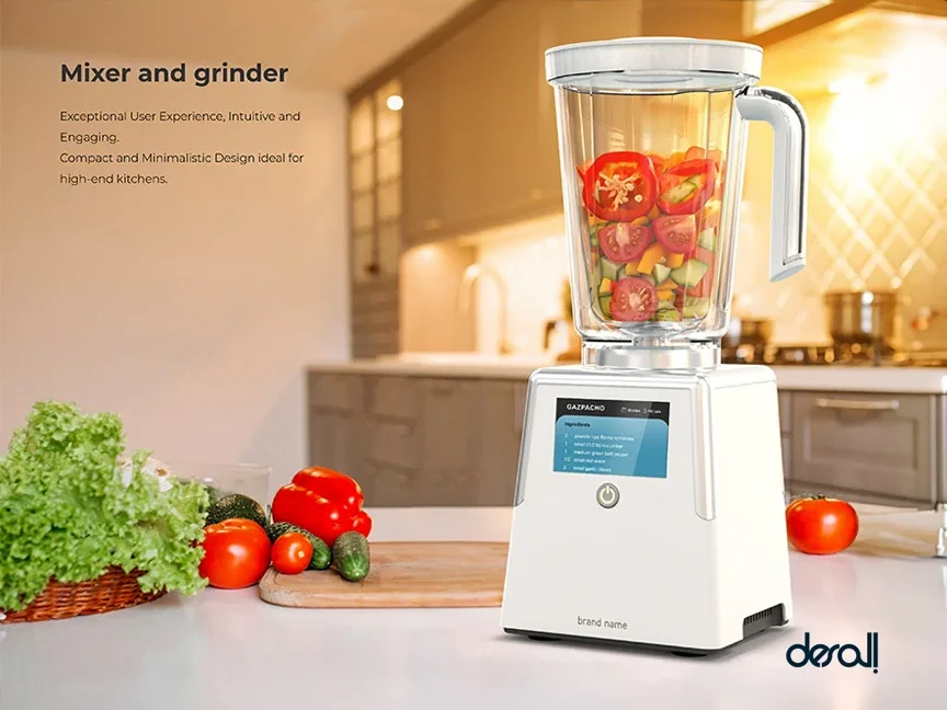 Desall white mixer and grinder blending vegetables in a bright kitchen with fresh produce