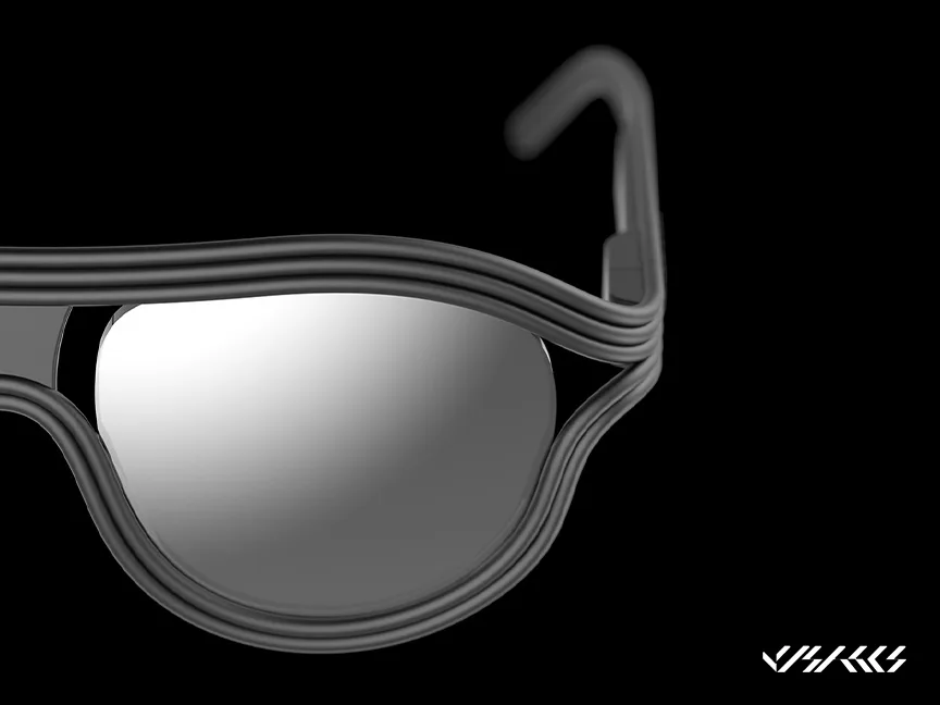 Close-up of Profilé sunglasses showing the mirrored lens and layered ribbed temple